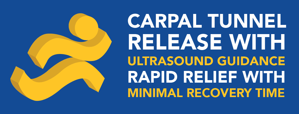 Yellow Running Person Icon on top of text that says Carpal Tunnel Release with Ultrasound Guidance Rapid Relief with Minimal Recovery Time